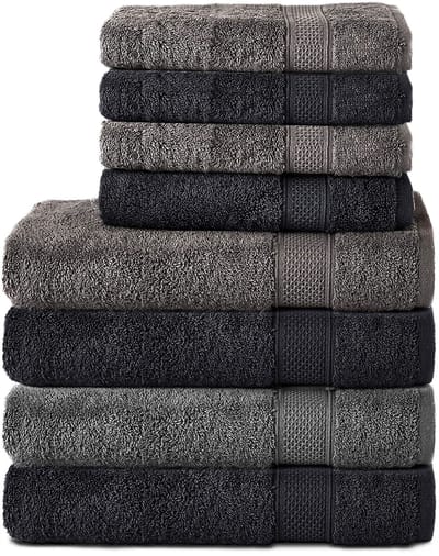 Komfortec Handdoekenset – Set van 8 - 4x Handdoek 50x100 cm en 4x Badhanddoek 70x140 cm - 100% Katoen - Antraciet&Zwart