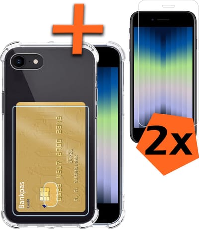 Hoes - Geschikt voor Apple iPhone SE (2022) - Met 2x Screenprotector - Pashouder - Kaarthouder - Telefoon Hoesje Shockproof - Siliconen Case - Back Cover - Shock Proof - Pasjes Houder - Transparant
