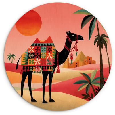 WallCircle® Wandcirkel 120x120 cm - Muurcirkel Kameel - Gekleurd tapijt - Duinen - Rode zon - Muurdecoratie woonkamer - Wanddecoratie slaapkamer - Kamer decoratie accessoires - Ronde schilderijen XXL