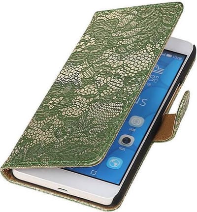 Lace Bookstyle Wallet Case Hoesjes Geschikt voor Huawei Honor 6 Plus Donker Groen