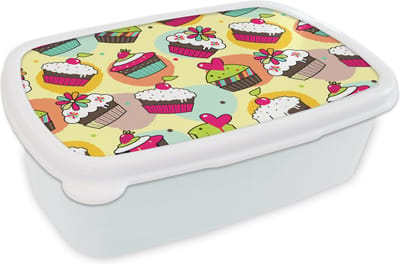 Broodtrommel Wit - Lunchbox - Brooddoos - Meisjes - Cupcake - Patronen - Girl - Kids - Kinderen - Kindje - 18x12x6 cm - Volwassenen