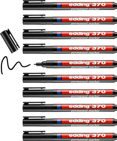 edding 370 permanent marker - zwart - 10 stiften - ronde punt 1 mm - water en wrijfvast - voor karton, kunststof, hout, metaal, etc. - alcohol markers voor volwassenen