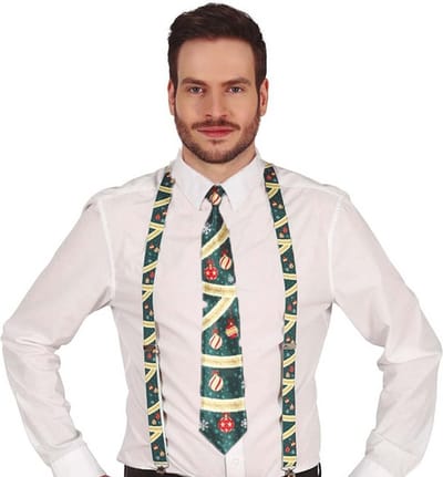 Fiestas Guirca Kerst accessoires set - stropdas en bretels - groen - kerstballen opdruk -volwassenen