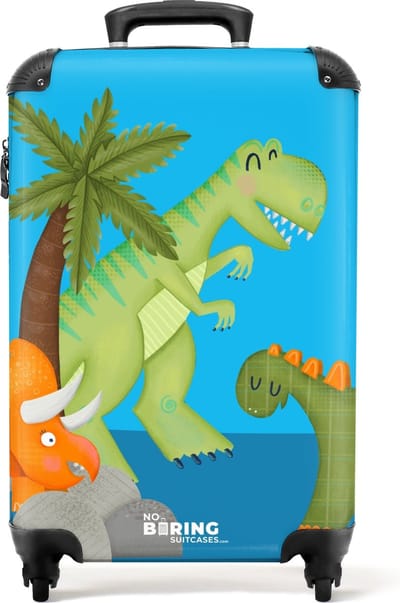 NoBoringSuitcases.com® - Kinderkoffer jongen dino - Kindertrolley jongens dinosaurus - Handbagage koffer lichtgewicht - Reiskoffer trolley kinderen - Rolkoffer met wieltjes - Past binnen 55x40x20 en 55x35x25