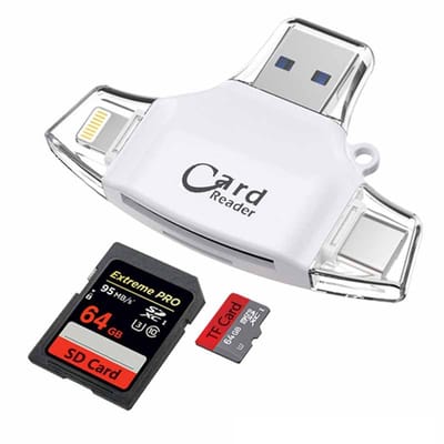 4 IN 1 USB + 8-Pin + USB-C naar SD + Micro-SD (tf) adapter kabel hub - kaartlezer - geheugenkaart - geschikt voor o.a. iPhone en laptop - wit