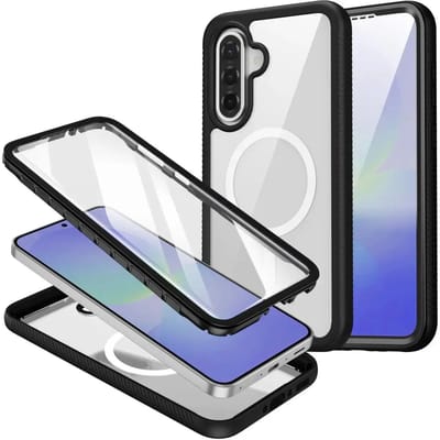 Hoesje met Ingebouwde Screenprotector Geschikt voor Samsung Galaxy A36 | Compatibel met MagSafe | Full Protect Valbescherming | Schokbestendige Beschermhoes | Doorzichtig / Zwart