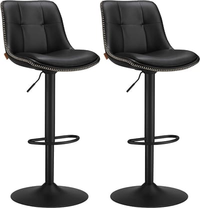 FurnStar - Barkruk Set van 2 - Barstoelen - Ergonomische Rugleuning - Kunstleer - Metalen Poten met Verstelbare Universele Poten - Tussen 63 en 84 cm hoog - 360 graden draaibaar - Thuisbar - Eenvoudige Montage - Inktzwart