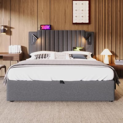 Gestoffeerd Opbergbed met USB Oplaadfunctie, LED Leeslamp en Lattenbodem 160x200 cm – Tweepersoons Bed met Verstelbaar Hoofdbord en Onderbed Opbergruimte