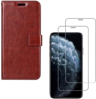 Bookcase Geschikt voor: iPhone X / XS - Bruin - Portemonnee hoesje + 2X Tempered Glass Screenprotector