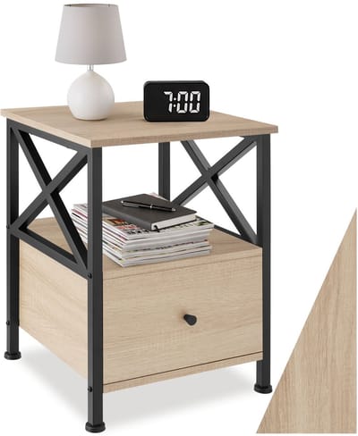 tectake® Bijzettafel met lade en 2 niveaus van hout - Nachtkastje in industrieel design - Voor woonkamer, slaapkamer, kantoor, hal - Zwart metalen frame - Afmeting (LxBxH) 40 x 41,5 x 55,5 cm - Lichtbruin