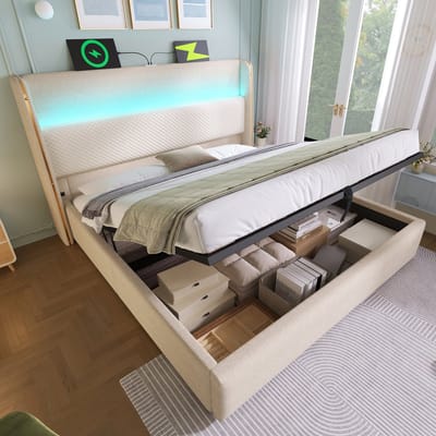 VVBV Opbergbed Tweepersoonsbed 140x200 cm - LED-Verlichting, USB-C Laadstation, Lades, Remote - Linnen Beige Zonder Matras