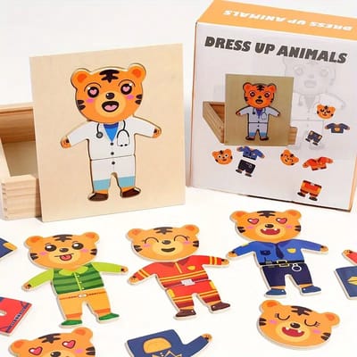 Houten Beer Verkleed- & Wisselspel – Educatief Creatief Speelgoed voor Kinderen – Fantasie, Motoriek & Cognitieve Vaardigheden – DIY Kleding & Accessoires voor Peuters & Kleuters - T