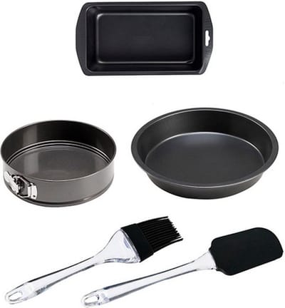 Bakvormen Set - 5 Delige Cakevormen en Bakaccessoires - Inclusief Spatel en Siliconen Bakborstel - 3 Bakvormen Ø24cm Ø28cm en 29.5x13cm - Hoogwaardige Materialen - Hittebestendig en Duurzaam - Complete Bakset voor Cake en Gebak
