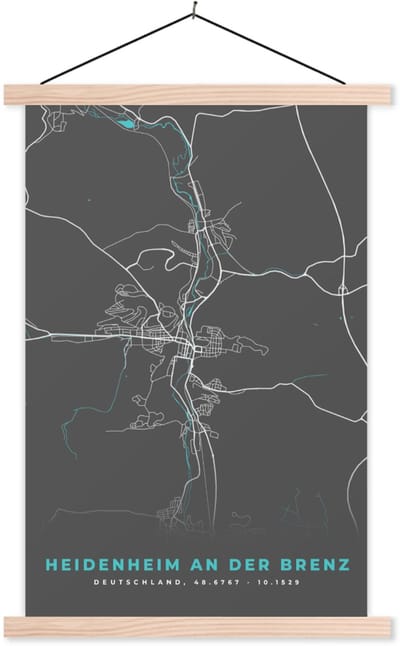 Posterhanger incl. Poster 40x60 cm - Schoolplaat - Plattegrond – Heidenheim an der Brenz – Blauw – Stadskaart – Kaart - Duitsland - Textielposter - Blanke latten - Stadskaart