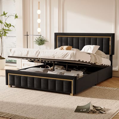 Modern bed 160x200cm, gestoffeerd bed met flanellen hoofdbord, hydraulisch bedframe met gouden afwerking, tweepersoonsbed met lattenbodem, opbergbed, zwart flanel, zonder matras (verpakt in 2 pakketten voor verzending)