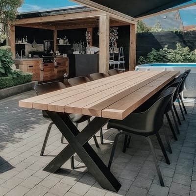 Tuintafel Douglas 220 x 90 cm - Stalen X poten + Tijdelijk Gratis Onderhoudspakket - inclusief vakkundige montage