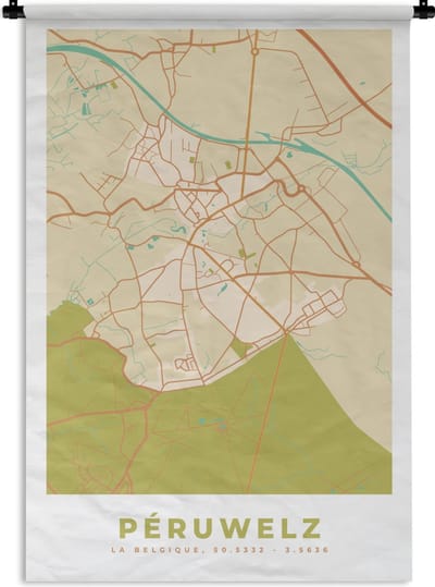 Wandkleed - Wanddoek - Stadskaart - Retro - Péruwelz - Kaart - Plattegrond - 120x180 cm - Wandtapijt