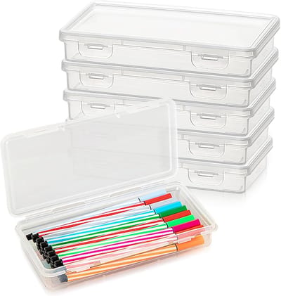 6 stuks, stapelbaar, transparant, hoogwaardige opbergdoos met deksel, klein, BPA-vrij, voor pennen, opslag, kantoorbenodigdheden, knutselen en huishouden, 19 x 9 x 3 cm
