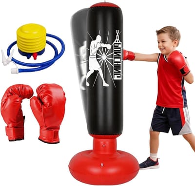 Bokszak voor kinderen van 6-12 jaar, 160 cm, opblaasbaar, perfect voor kickboksen, karate en taekwondo, inclusief bokshandschoenen, ideaal cadeau voor actieve jongens en meisjes