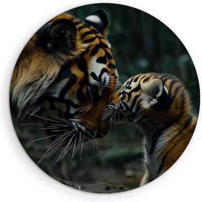 Saammp Muurcirkel Hout - Tijger familie - Natuur - Dieren - Ø 90 - Wandcirkel - Wanddecoratie Cirkel - muurdecoratie Woonkamer - Slaapkamer decoratie - Rond Schilderij