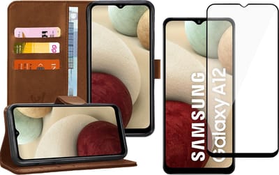 Hoesje geschikt voor Samsung Galaxy A12 - Screen Protector FullGuard - Book Case Kunstleer Pasjeshouder Bruin & Screenprotector