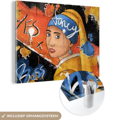 MuchoWow® Glasschilderij 160x120 cm - Schilderij acrylglas - Meisje met de Parel - Street art - Kunst - Foto op glas - Schilderijen