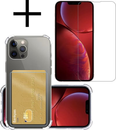 Hoesje - Geschikt voor Apple iPhone 13 Pro - Met Screenprotector - En Pashouder - En Kaarthouder - Telefoon Hoes Shockproof - Siliconen Case - Back Cover - Shock Proof - Pasjes Houder - Transparant