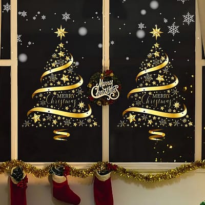 2 stuks Kerstboom grote raamsticker, gouden PVC statische elektriciteit sticker, diy statische kerstversiering, geschikt voor, slaapkamer, etalage, deursticker muurschildering, vitrinekast
