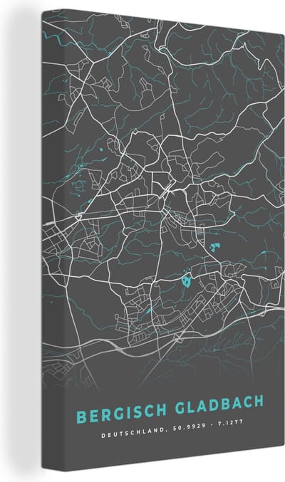 Canvas Schilderij Stadskaart – Plattegrond – Duitsland – Blauw – Bergisch Gladbach – Kaart - 20x30 cm - Wanddecoratie