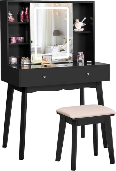 Make-uptafel met verlichting en schuifspiegel - Luxe zwarte kaptafel met opbergruimte en instelbare helderheid