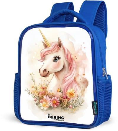 NoBoringSuitcases.com® - Rugzak blauw - Schooltas jongens - Eenhoorn met roze manen tussen pastelbloemen - Kinder rugtas jongen - Boekentas kind - Kinderrugzak voor school - Schoolrugzak