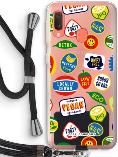 Case Company® - Hoesje met koord geschikt voor Samsung Galaxy A20e hoesje met Koord - Fruitsticker - Telefoonhoesje met Zwart Koord - Bescherming aan alle Kanten en Over de Schermrand