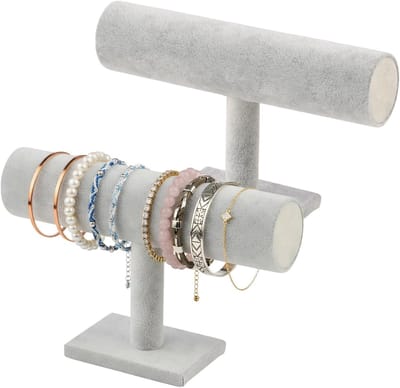 Twee Stuks Grijze Velours Sieradenorganizer, T-Bar Sieradenstandaard, Armbandhouder en Opbergrek voor Armbanden en Horloges