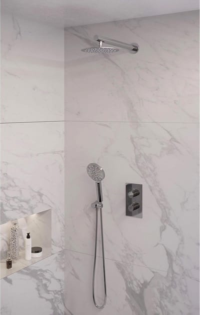 Brauer Chrome Edition thermostatische inbouw regendouche 3-weg omstelling SET 31 met 20 cm douchekop en rechte muurarm en 3-standen handdouche en doucheslang en wandaansluitbocht chroom