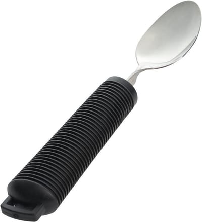 Aangepast dik bestek, Lepel. Verdikt handvat met soft grip. Buigzaam / Buigbaar. Zwart