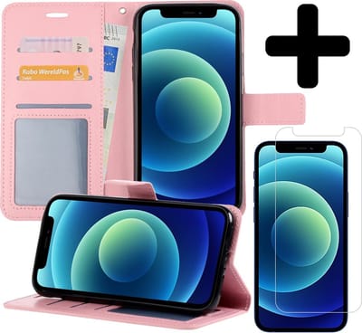 Hoesje - Met Screenprotector - Geschikt voor Apple iPhone 12 - Luxe Pasjeshouder - Flipcase - Bookcase Portemonee - Flip Case - Kunstleer Book Case - Book Cover - Walletcase - Portemonneehoes - Telefoonhoes - Lichtroze