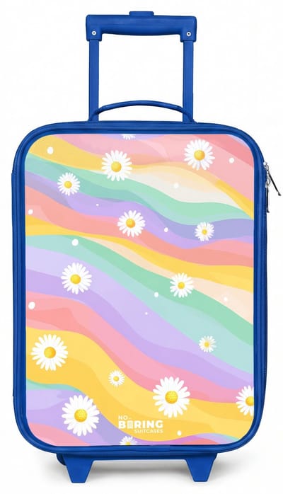 NoBoringSuitcases.com® - Kinderkoffer blauw - Kindertrolley jongen - Madeliefjes op regenboogachtergrond - Koffer kind lichtgewicht - Reiskoffer trolley voor kinderen - Koffertje met lichtgevende wieltjes - Rolkoffer