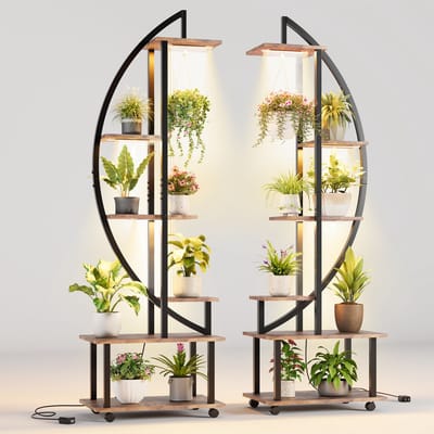 6-Laags Halfmaan Vormig Metalen Plantenrek Met LED Kweeklampen En Wieltjes - Mobiele Bloemenstandaard Met MDF Planken - Voor Woonkamer, Hal En Balkon - Tijgerhout