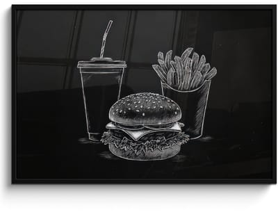 Poster in lijst - Fotolijst 120x80 cm - Posters - Hamburger - Friet - Frisdrank - Krijttekening - Posterlijst zwart - Decoratie - Wanddecoratie woonkamer - Muurdecoratie slaapkamer