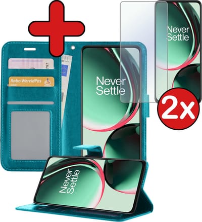 Hoesje - Met 2x Screenprotector - Geschikt voor OnePlus Nord CE 3 Lite - Luxe Pasjeshouder - Flip Case - Bookcase Portemonee - Kunstleer Book Case - Flipcase Hoes - Book Cover - Walletcase - Portemonneehoes - Telefoonhoes - Turquoise