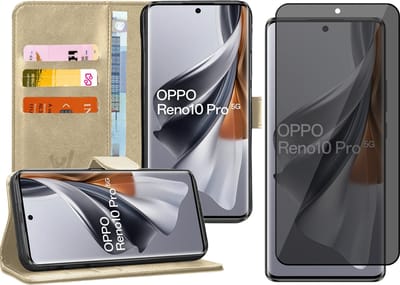 Hoesje geschikt voor Oppo Reno 10 / 10 Pro - Privacy Screenprotector Volledig Dekkend Glas - Portemonnee Book Case Goud