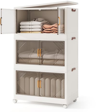 COSTWAY Opbergdozen met deksel, stapelbare opbergdozen met wielen en deuren, inklapbare opbergorganizer voor slaapkamer, woonkamer (213 l, 65 x 39 x 109 cm)