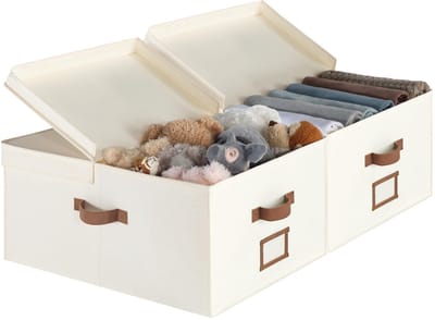 55L opbergbak, decoratieve kast opbergdoos met dubbel open deksel, ivoorwit, 2 stuks