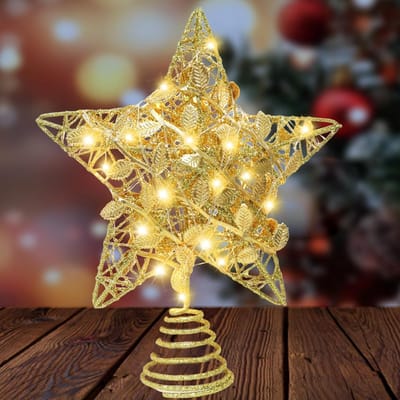 Gouden Ster Kerstboomtopper met Sprankelende Decoratie en LED Verlichting - 20 x 23 cm, Batterij Aangedreven Winterdecoraties voor een Feestelijke Sfeer
