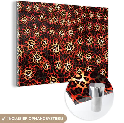 MuchoWow® Glasschilderij 30x20 cm - Schilderij acrylglas - Luipaardprint - Design - Oranje - Foto op glas - Schilderijen