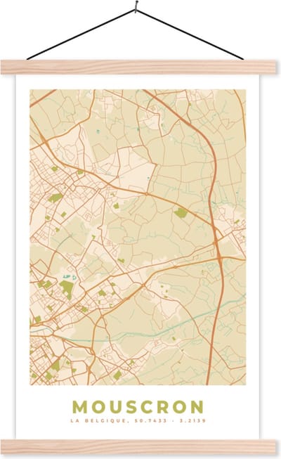 Posterhanger incl. Poster 40x60 cm - Schoolplaat - Plattegrond - Kaart - Mouscron - Stadskaart - Retro - Mouscron - Textielposter - Blanke latten - Stadskaart