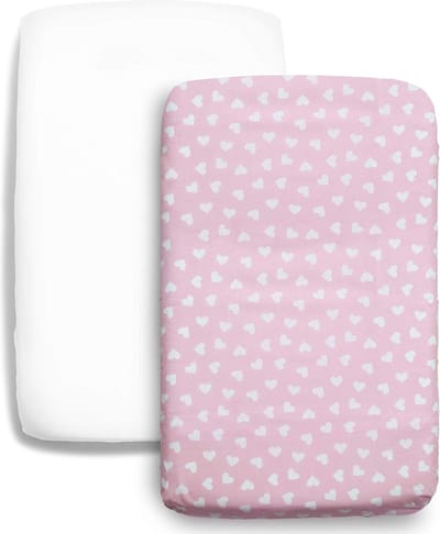 2-delige Beddengoed Set 90x50 | 2 Hoeslakens 100% Katoen | voor Wiegjes en Babybedjes | Set van Wit + Roze met Hartjespatroon Hoeslaken