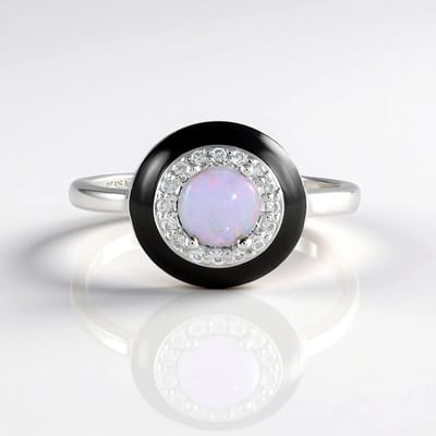 Cavill - 925 Sterling Zilver Ring - 0,53 ct Australische Opaal & 0,18 ct Zirkonia - Moderne Elegante Zwarte Accenten