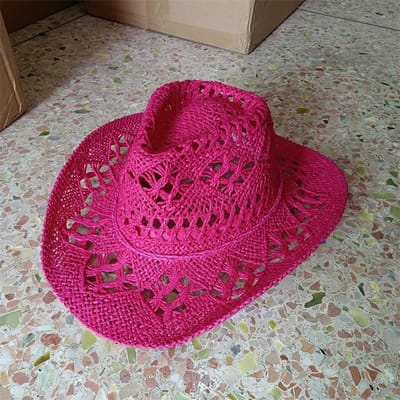 Zomer Boheemse Schelp Stro Hoed Strand Vrouwen Mannen Cowboy Hoeden Houten Kralen Uitgesneden Westerse Brede Rand Zon Hoed Vakantie Pet 55-58CM pink