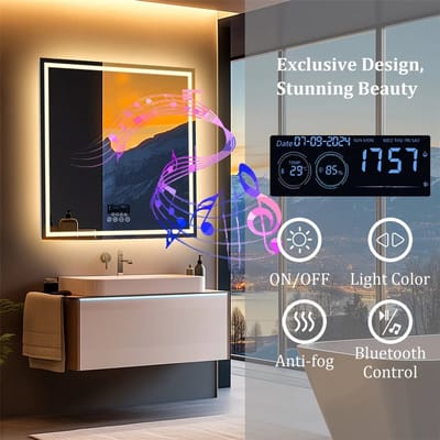 Dailygoods 32 inch vierkante badkamerspiegel met Bluetooth-luidspreker, wandspiegel met tijd-, datum- en temperat